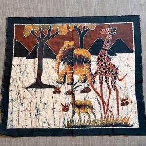 African Batik Hand Dyed Art Elephant Giraffe Gazelle Savanna Signed 36x32"